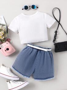 SHEIN 少女春秋時尚、可愛、甜美、活潑、簡潔風格,流行的蝴蝶拼接短袖t恤和短褲2件套裝 - 白色 - 查看 2