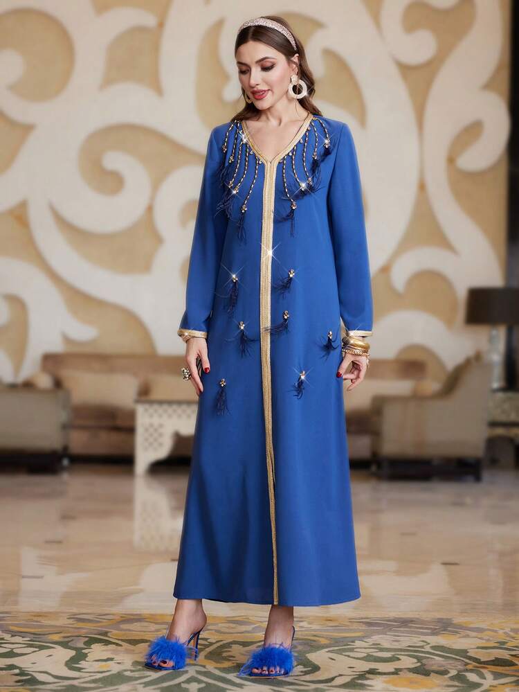 Women's Beaded And Tassel Detail Contrast Trim Slit Front Kaftan Dress, Elegant Evening Party Dress