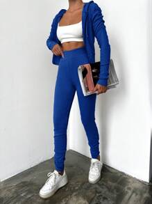 EURMUSE Zip Up Drawstring Hoodie & Ruched Leggings - Blue - View 3
