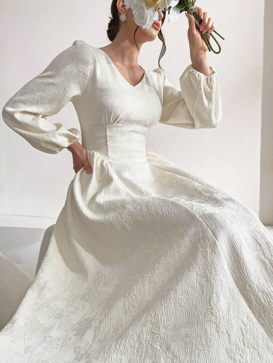 Modelyn Vestido de noche largo con cuello en V y mangas farol para mujeres - Albaricoque - Ver 1