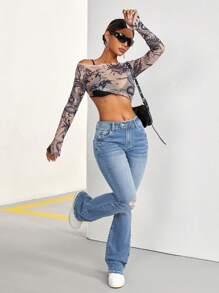 SHEIN PETITE Vaqueros Acampanados Desgastados Para Mujer - Lavado ligero - Ver 5