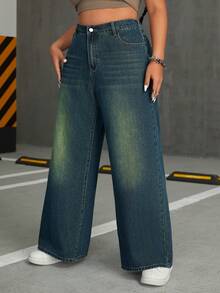 SHEIN ICON Pantalones Vaqueros Teñidos Con Agua De Talla Grande Con Bolsillos Inclinados - Azul - Ver 3