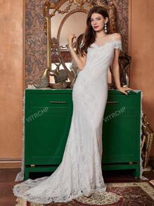 White Netted Yoke Lace Mermaid Wedding Dress