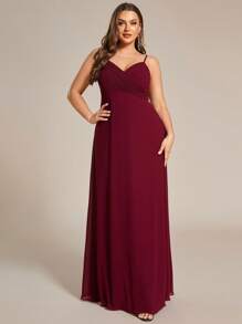 Plus Elegant V Neck Spaghetti Strap Ruched Bust Bridesmaid Gown Summer Long Dresses - Burgundy - View 5