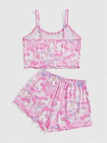 ROMWE Kawaii Conjunto De Pijama De Blusa Con Cuello En V Y Shorts De Encaje Y Estampado De Unicornio - Multicolor - Ver 2