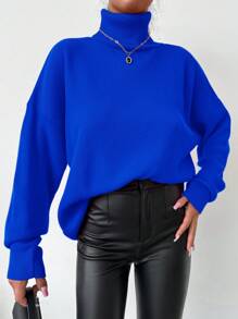 EURMUSE High-neck Drop-shoulder Sleeve Sweater - Royal Blue - View 4