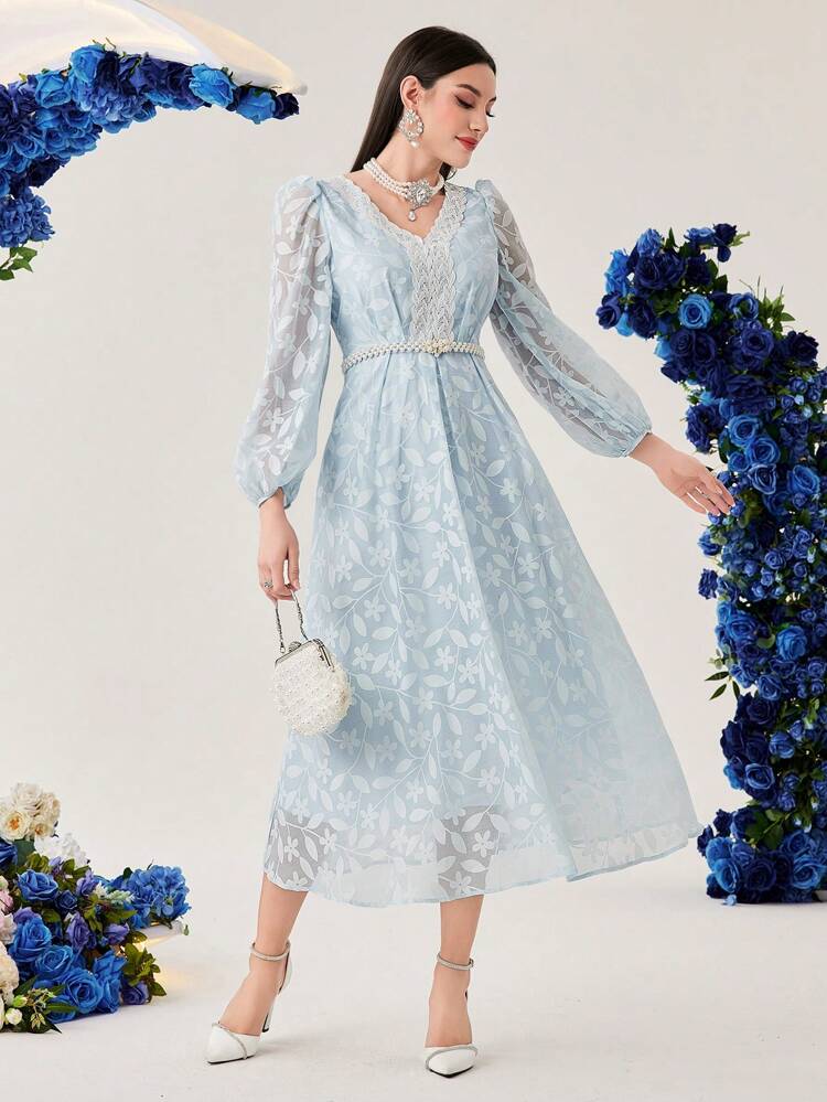 Women's Embroidered Floral Applique V-Neck Lantern Sleeve Dress Without Belt Long Evening Dresses