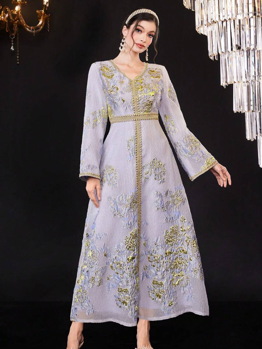 Al Najma 女士優雅印花連衣裙 - 淺灰紫 - 查看 1