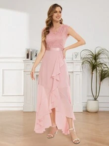 Vestido Largo De Fiesta Con Encaje Y Tul Con Cuello En V