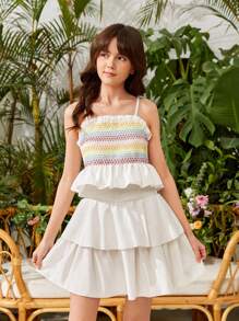 Teenager-mädchen' Regenbogen-gestreiftes Cami Top Und Doppelschicht-rüschen Saumrock-set, Frühling/sommer