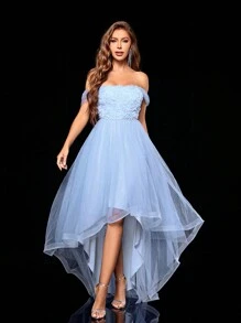 Vestido de dama de honor elegante con hombros descubiertos, bordado 3D, empalmado y de doble capa de malla - Celeste - Ver 5