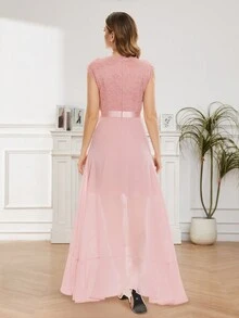 Vestido Largo De Fiesta Con Encaje Y Tul Con Cuello En V