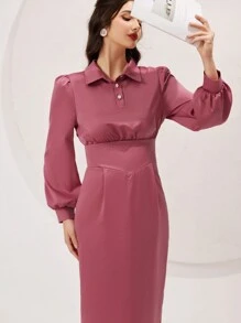 Modelyn Women's Solid Color Long Sleeve Shirt Dress Long Evening Dresses Fall Cloth For Women - Pink - View 1