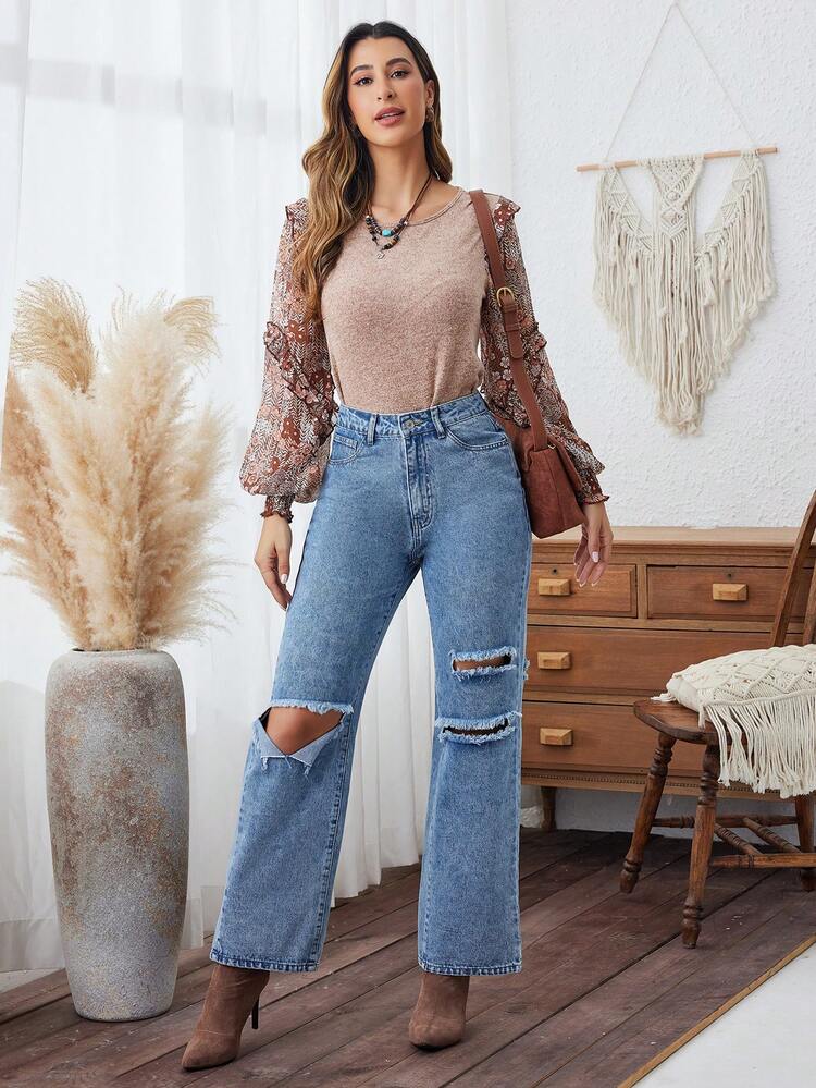 Solid Color Ripped Jeans