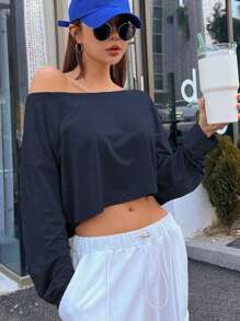 DAZY 纯色短款长袖T恤，秋季女装 - 藏蓝色 - 查看 3