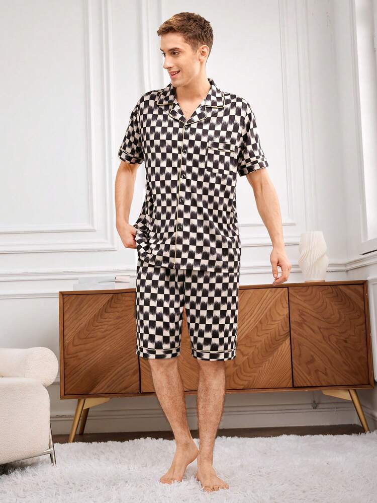Men's Rolled Edge Trim Plaid Pattern Short Sleeve Shirt And Shorts Homewear Set