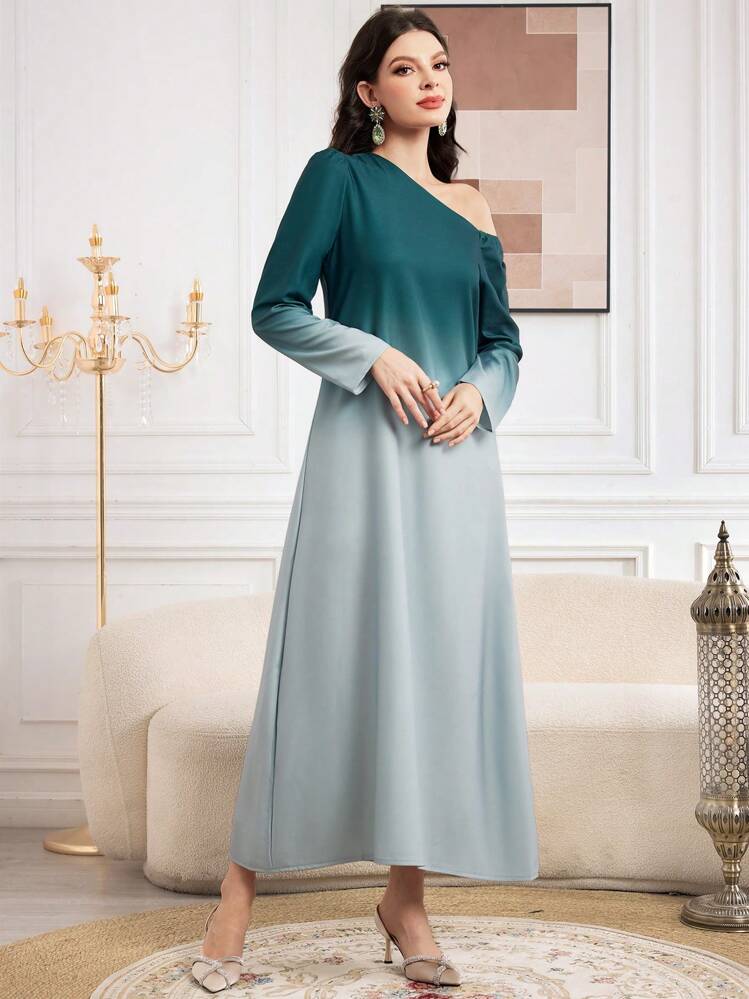 Modelyn Ombre Oblique Shoulder Women's Dress Long Evening Dresses - Multicolor - View 6