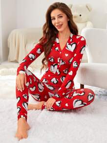 Mono de pijama minimalista y cómodo con estampado de corazón rojo para mujer, nuevo diseño para el Día de San Valentín