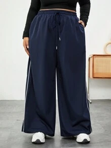 SHEIN CURVE+ Plus Size Women's Drawstring Waist Splicing & Side Split Wide Leg Pants - Navy Blue - View 1