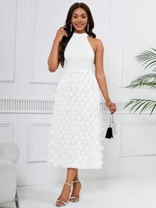 SHEIN Lady 女式無袖露背a字裙,3d裝飾 - 白色 - 查看 1