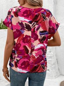 SHEIN LUNE Women's Random Printed Batwing Sleeve Blouse,Short Sleeve Tops