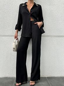 EURMUSE Puff Sleeve Shirt & Pants Two-Piece Set For Women - Black - View 1