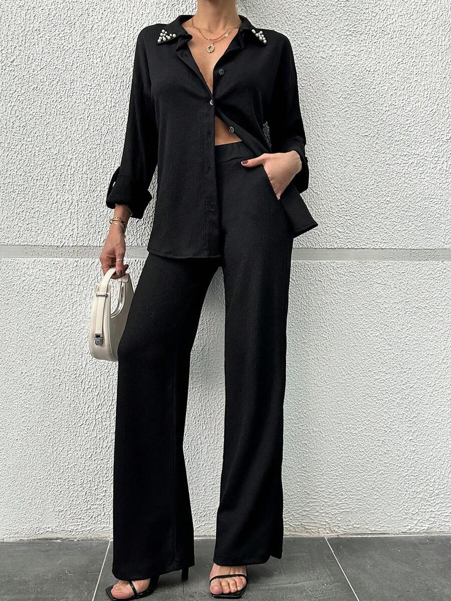 EURMUSE Puff Sleeve Shirt & Pants Two-Piece Set For Women - Black - View 1