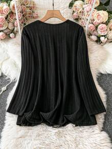 SHEIN LUNE Top De Manga Larga De Punto Acanalado De Talla Grande - Multicolor - Ver 2