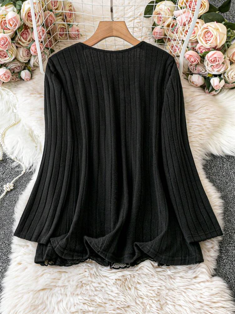 Plus Size Ribbed Knit Long Sleeve Top