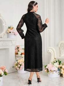 Modelyn Women Dresses Tombol Kontras Lace Tombol Depan Plain Anggun - Hitam - View 2