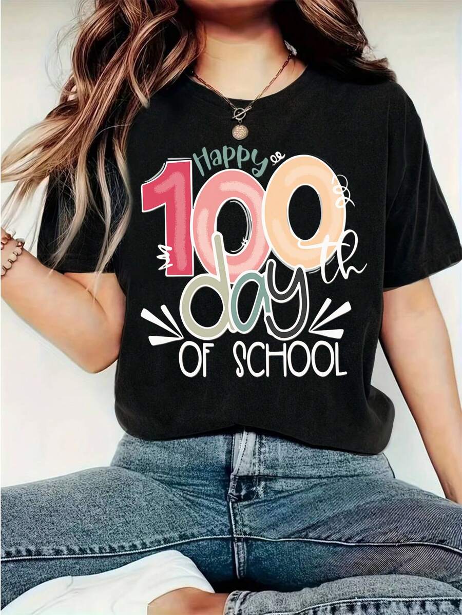 SHEIN EZwear Của phụ nữ Slogan In Vòng cổ Áo thun - màu đen - Xem 1