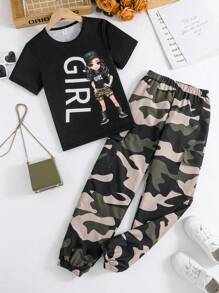 Tween Girl Cartoon Character & Letter Printed Top And Camouflage Printed Cargo Pants Set, School, Campus, College - Black - View 1