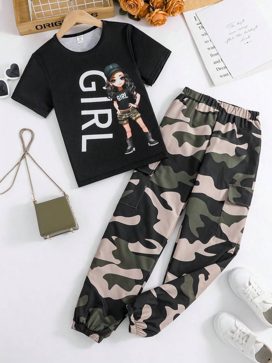 Tween Girl Cartoon Character & Letter Printed Top And Camouflage Printed Cargo Pants Set, School, Campus, College - Black - View 1
