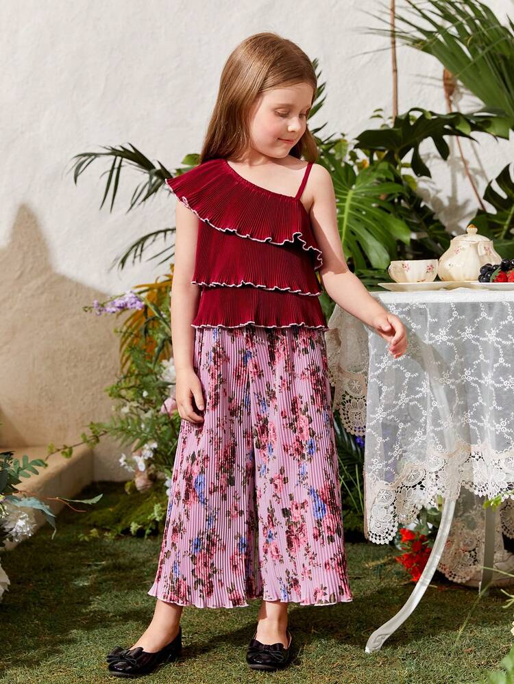 2pcs/Set Young Girl Asymmetrical Shoulder Top & Wide Leg Pants With Frill Hem, Perfect For Daily Wear, Festivals & Vacation, Summer
