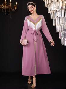 Al Najma Women's Long Sleeve Tassel Patchwork Arabian Style Dress - Pink - View 4