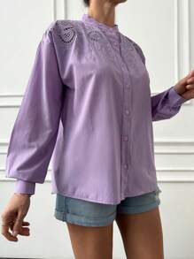 RueChic Camisa De Estilo Francés Hecha De Tela Tejida Con Bordado De Ojales En Los Hombros - Lila Púrpura - Ver 5