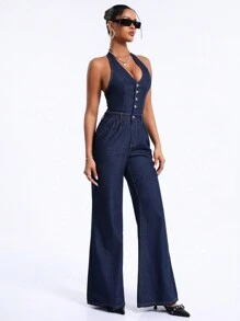 SHEIN BAE Backless Halter Denim Jumpsuit With Pocket