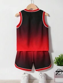SHEIN 2入組年輕男孩休閒街頭風格運動紅黑漸變數位印花背心和短褲,適用於春/夏/室內/上學/體育活動 - 彩色 - 查看 2