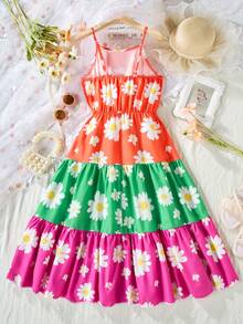 SHEIN 1 Miếng Cô gái Tween Váy dây treo Với In bồ công anh Và Khối màu Hai Dây Dây đeo Thiết kế Cho mùa hè - Nhiều màu - Xem 2