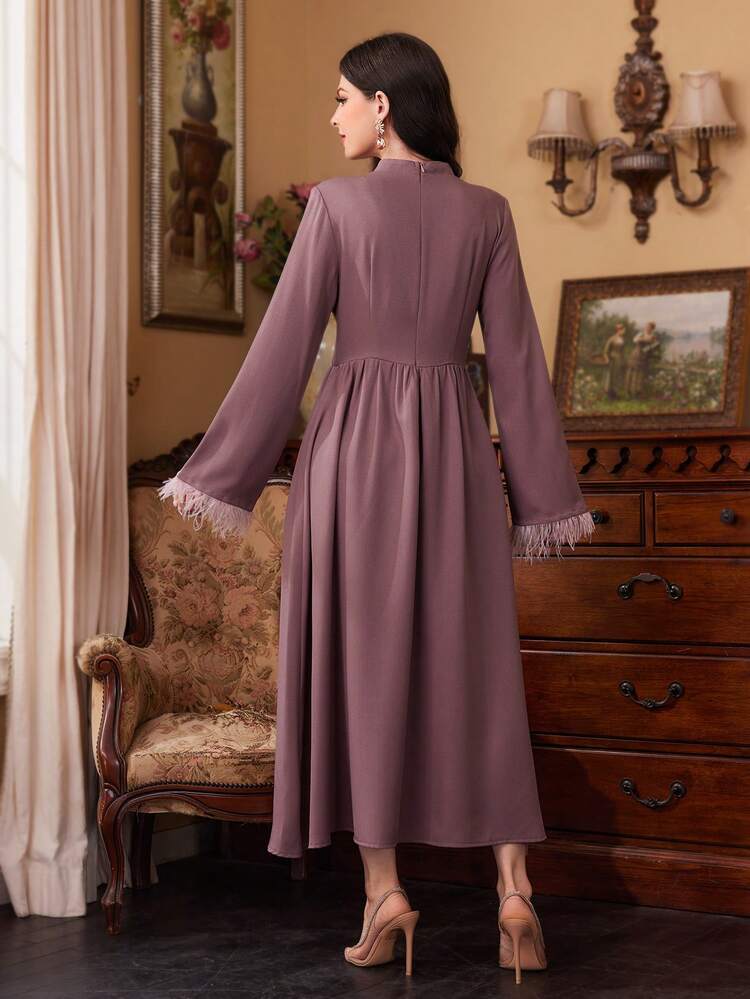 Women's Stand Collar Patchwork Flare Sleeve Dress With Cuffs