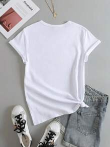 SHEIN EZwear 女款休閒t恤,時尚女王領短袖夏季tee,適用於春夏季,女裝 - 白色 - 查看 2