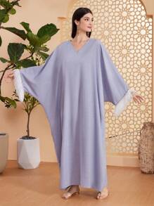 Al Najma Patchwork V-Neck Kaftan Dress - Grey - View 5