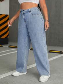 SHEIN ICON 大尺碼女士不對稱腰身牛仔褲 - 藍色 - 查看 4