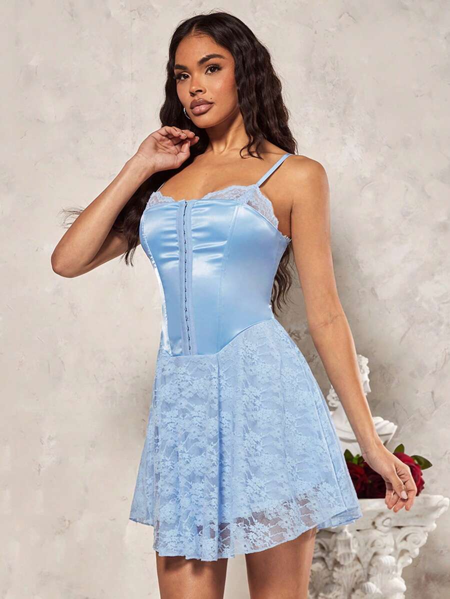 SHEIN BAE Lãng mạn Ngày lễ tình nhân Ngày Dây đeo Mì Ý  Vá lại Ren Xanh Bustier A-line Ngắn Thanh lịch Lady Đầm - Màu xanh nhạt - Xem 1