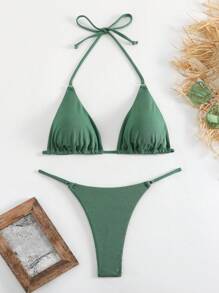 Swim Mod Summer Beach Women's Solid Color Bikini Set - Green - View 2