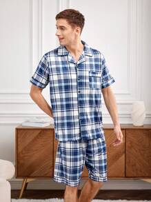 男士格子紋短袖家居服套裝 - 藍色 - 查看 4