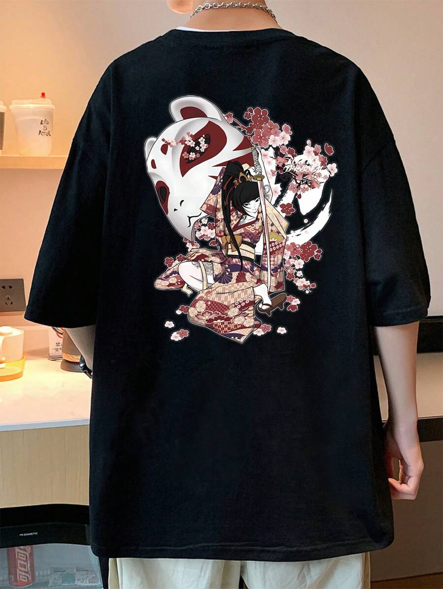 男士印花落肩T恤 - 黑色 - 查看 1