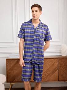 Men's Plaid Short Sleeve Homewear Set - Purple - View 5