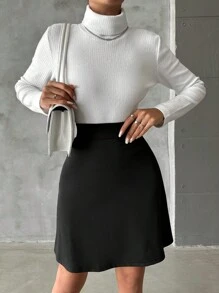 SHEIN PETITE Áo cao cổ Đồ đan Ribbed Áo thun & Váy kèn đồng - màu đen - Xem 1