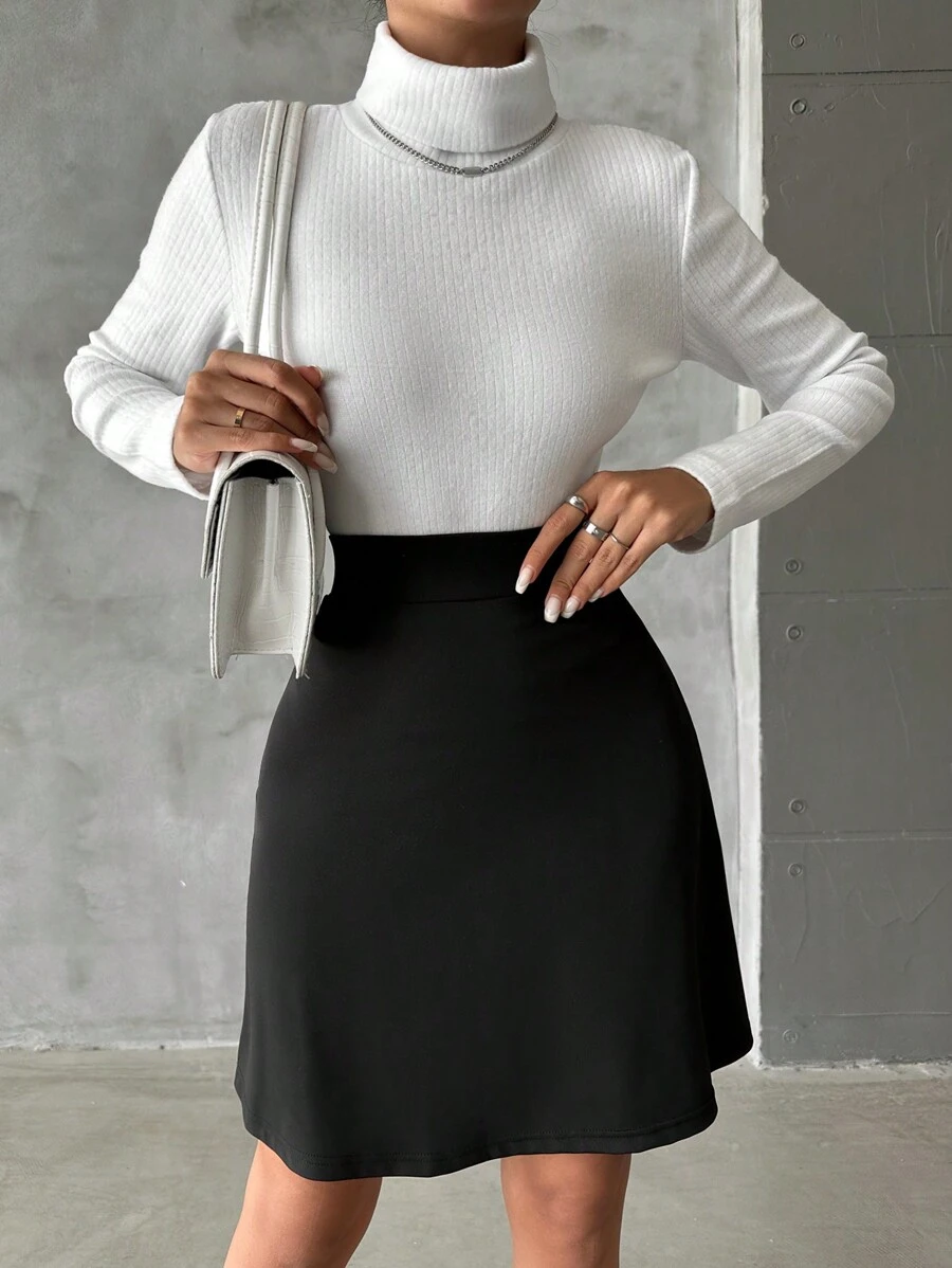 SHEIN PETITE Áo cao cổ Đồ đan Ribbed Áo thun & Váy kèn đồng - màu đen - Xem 1